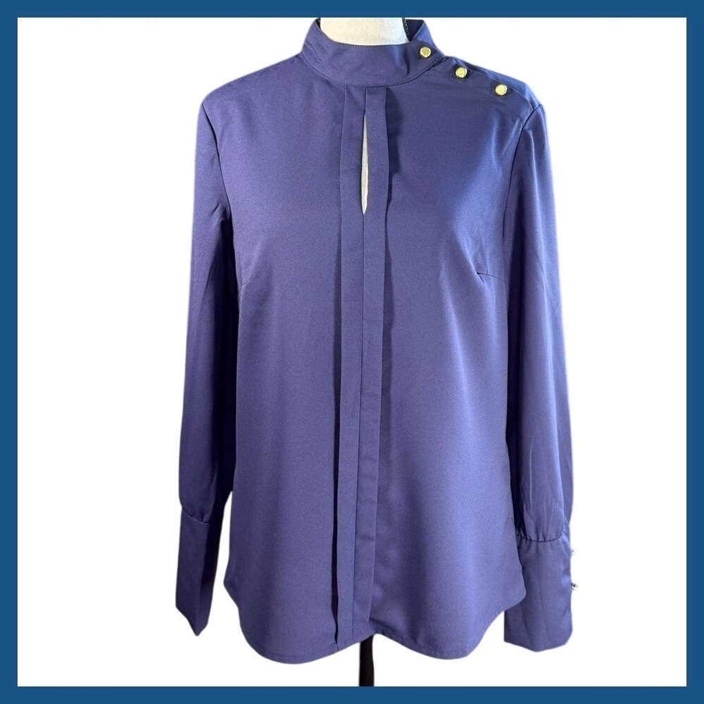 Stile Benetton Women's Navy Blue Long Sleeve Button Mock Neck‎ Blouse Top
